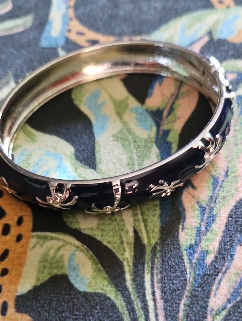 Tommy Bahama Black Enamel and Silver Floral Hinged Bangle Bracelet